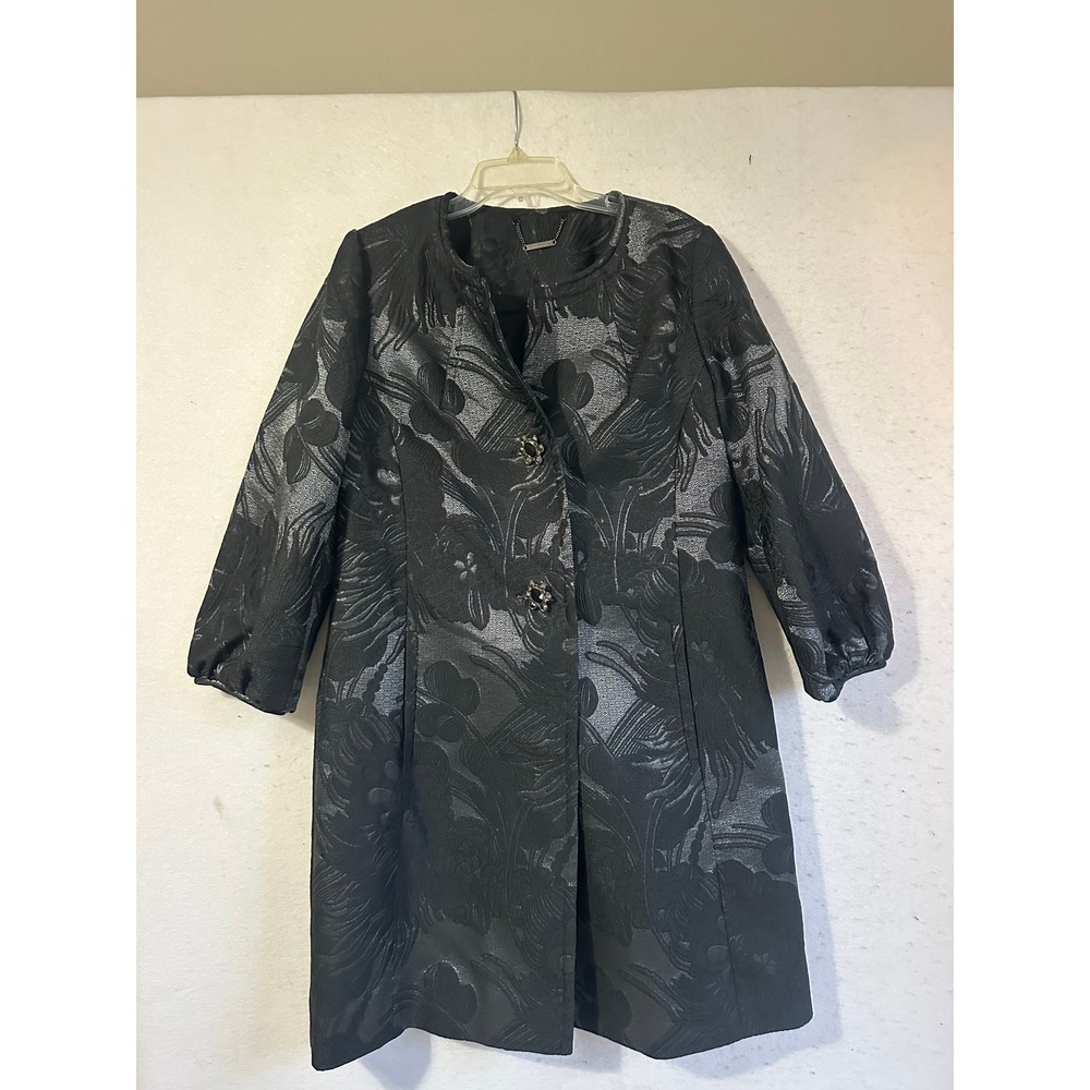Trina Turk Black Silver Floral Brocade Evening Coat Metallic Jewel Button Sz 10